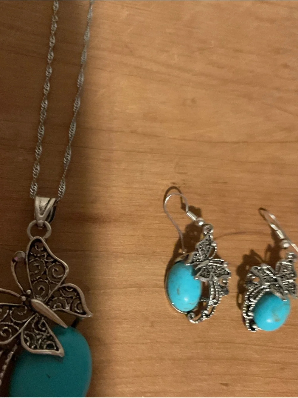 Silver Butterfly Earrings & Pendant Necklace with Turquoise Stone